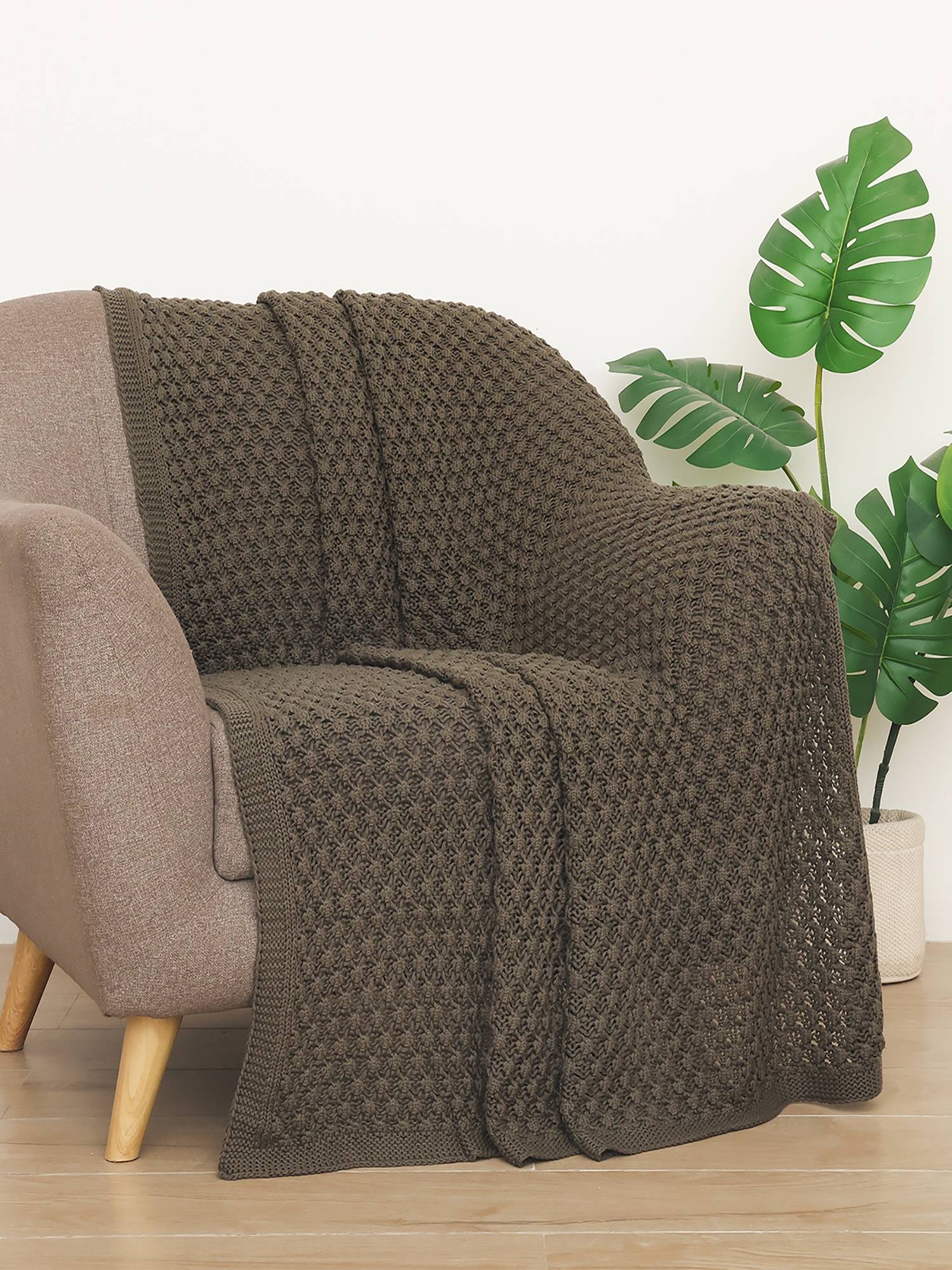 PLUCHI Popcorn 100% Cotton Knitted All-Season AC Throws , Olive