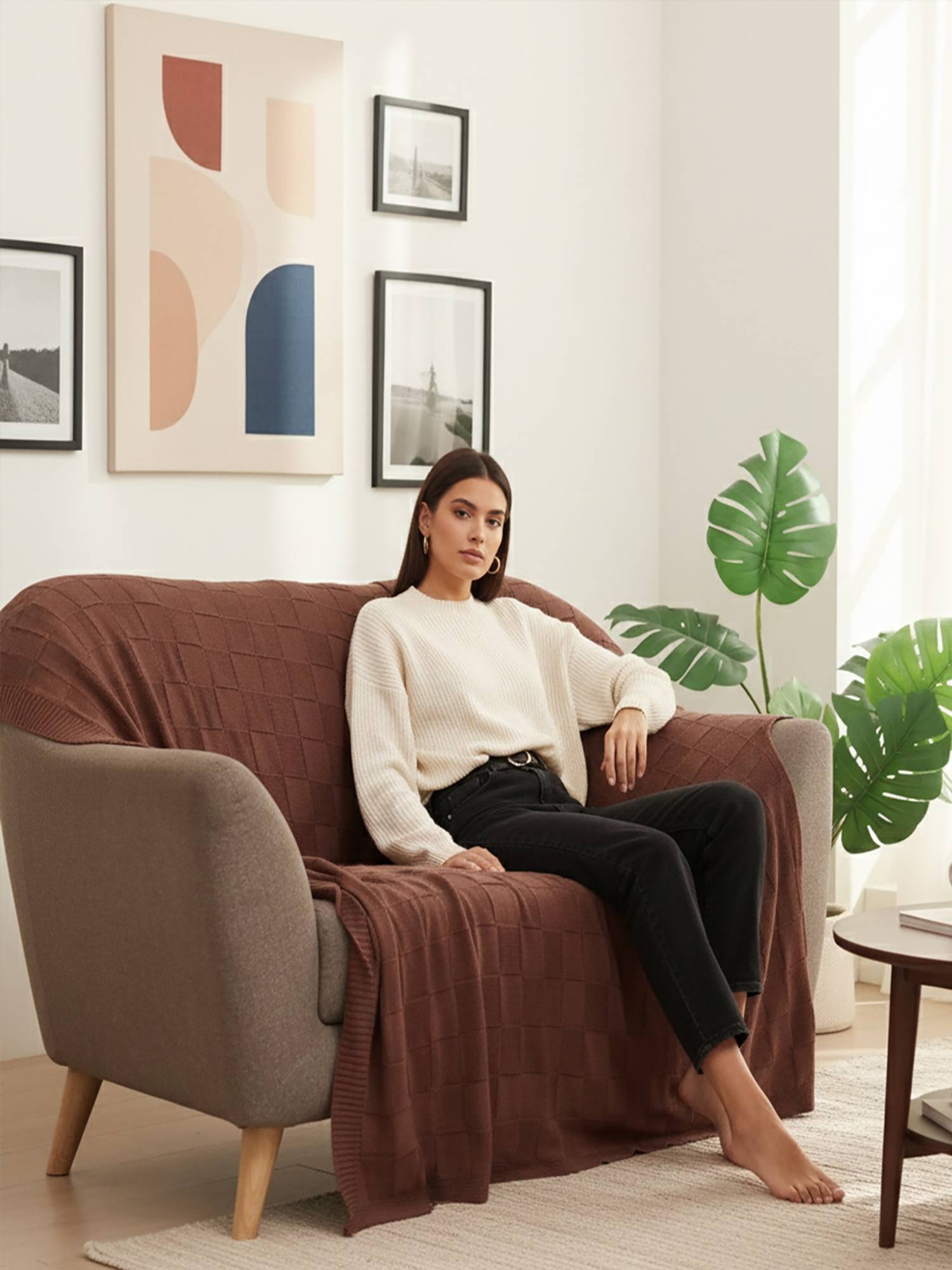 PLUCHI Square Checks Cotton Knitted All-Season Throws , Nutmeg