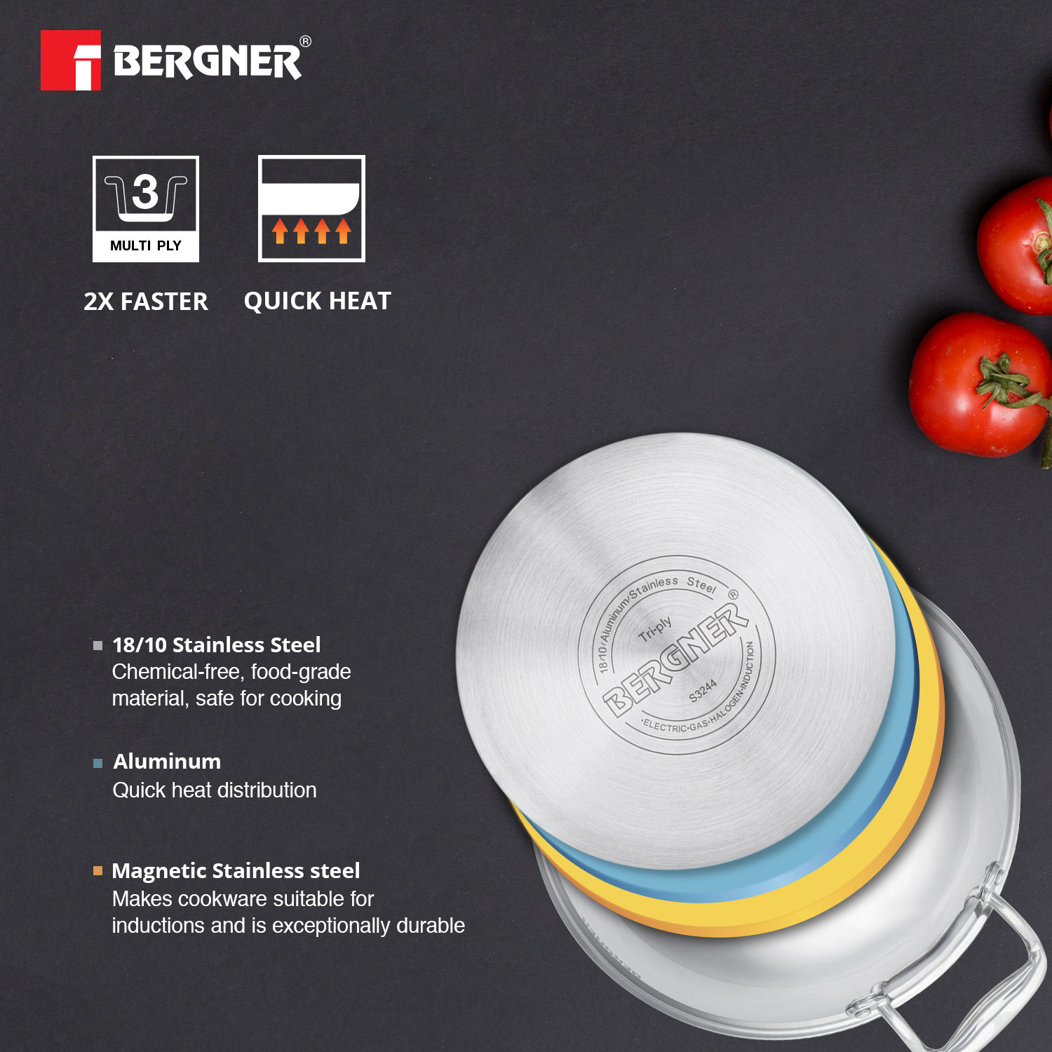 Bergner Argent Triply Stainless Steel Kadhai With Lid, 28 Cm, Induction