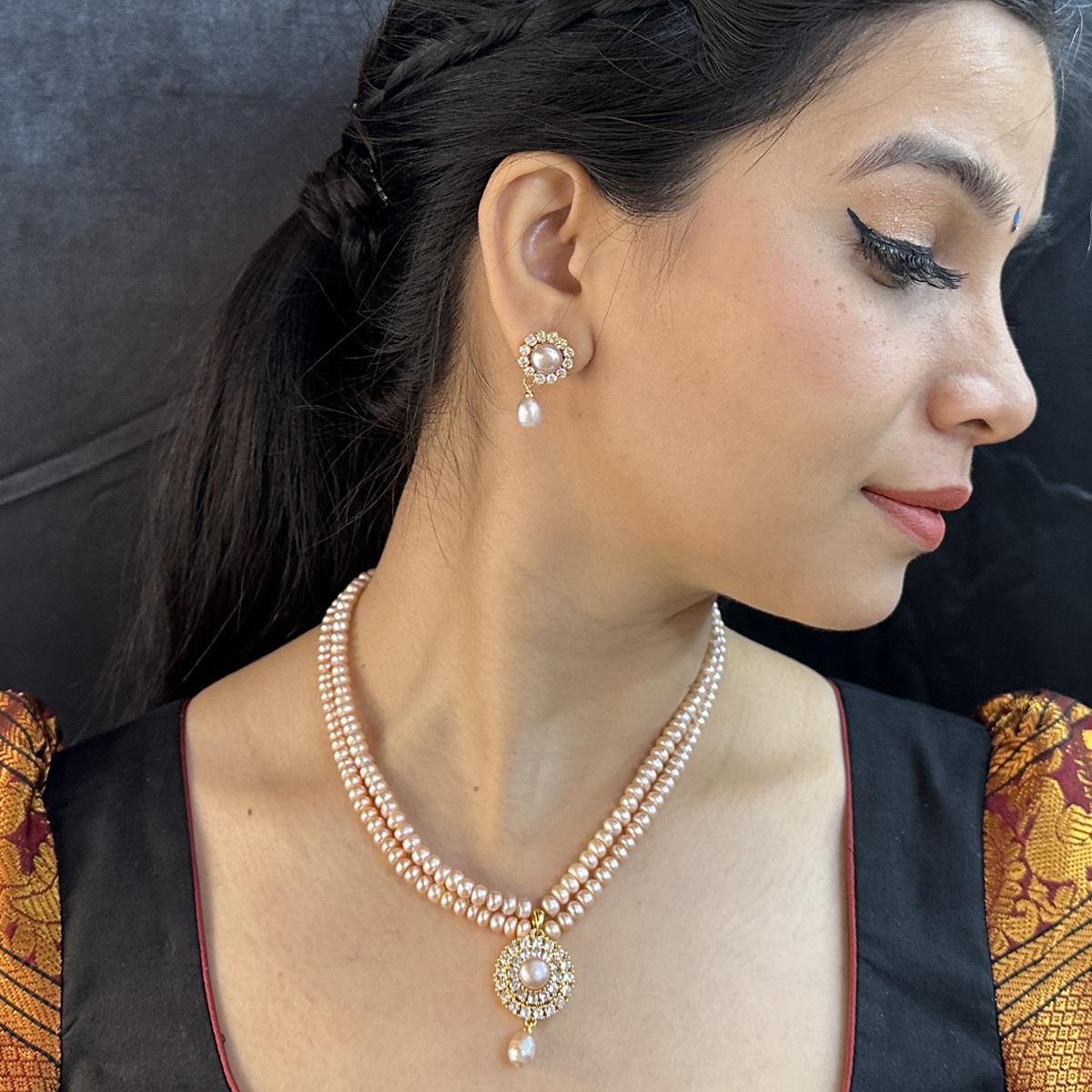 Buy Sri Jagdamba Pearls Siddhi 2 Line Button Pearl Necklace Set Online