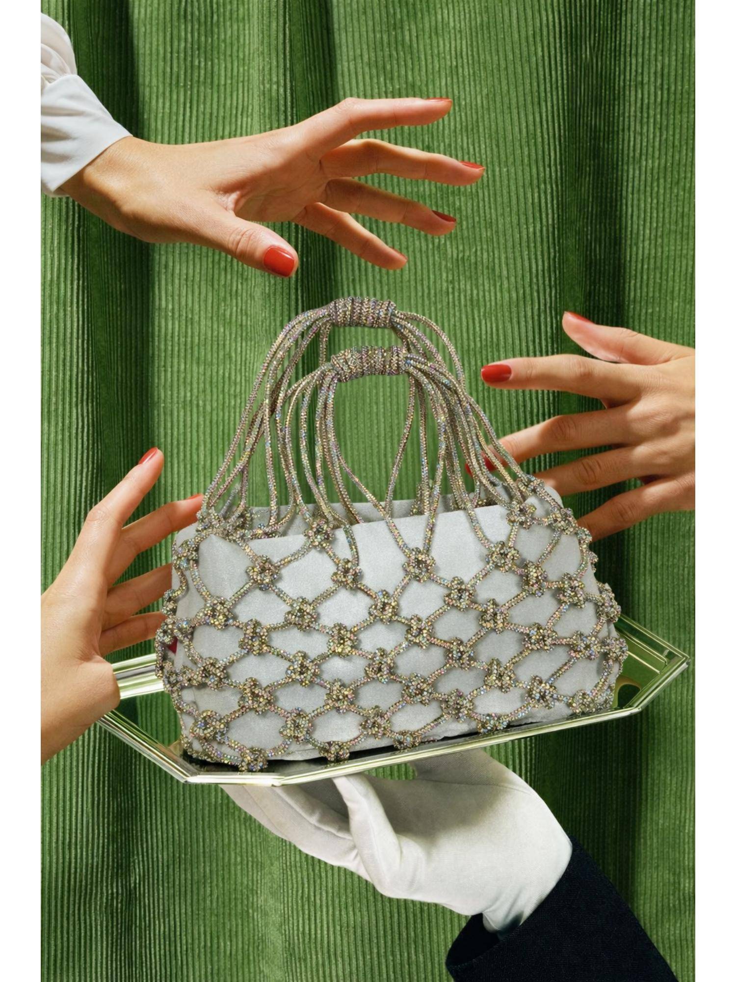 Modarta By Kamakshi Silver Knot Crystal Handbag