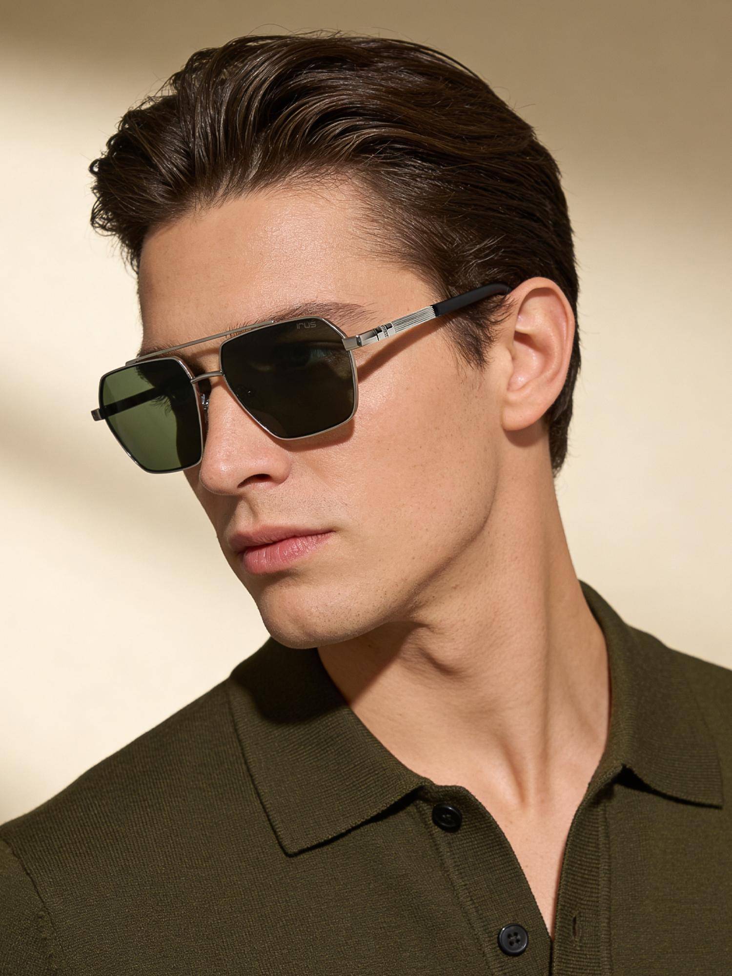 IRUS Men 100% Uv Protected Square Green Lens Sunglasses (57)