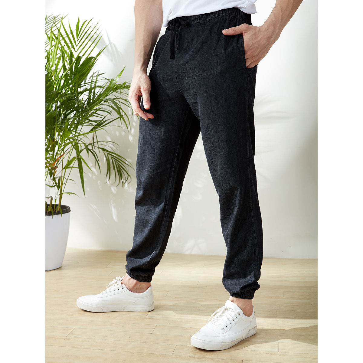Buy Peregrine by Pantaloons Carbon Black Slim Fit Self Pattern Trousers for  Mens Online  Tata CLiQ
