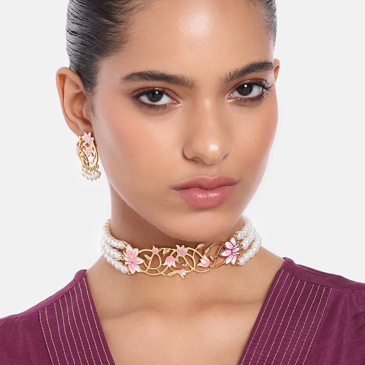 Estele Gold Plated Stylish Lotus Pearl Choker Necklace Set with Pink Enamel for Women