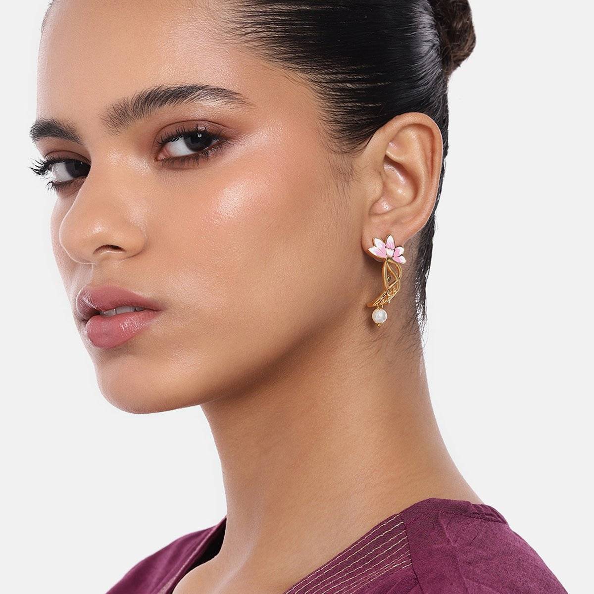 Estele Gold Plated Pink Enamel Lotus Pearl Drop Earrings for Women