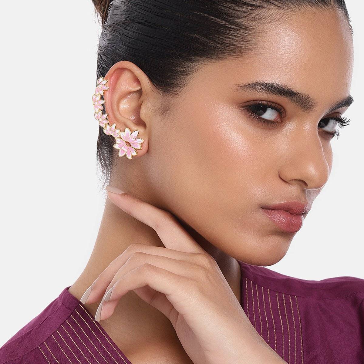 Estele Gold Plated Pink Enamel Lotus Stylish Cuff Earrings for Women