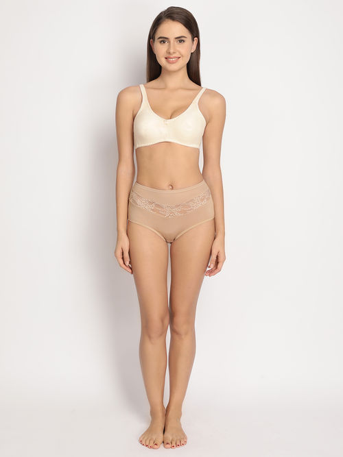 Buy Clovia Cotton Rich Non-Padded Full Support Bra & Low Waist Bikini Panty  - Nude online