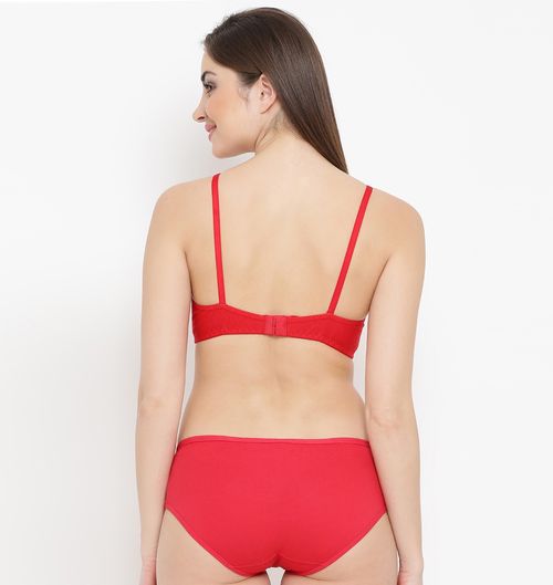 Buy Clovia Cotton Rich Non-Padded Wirefree T-Shirt Bra & Mid Waist Hipster  Panty - Red online