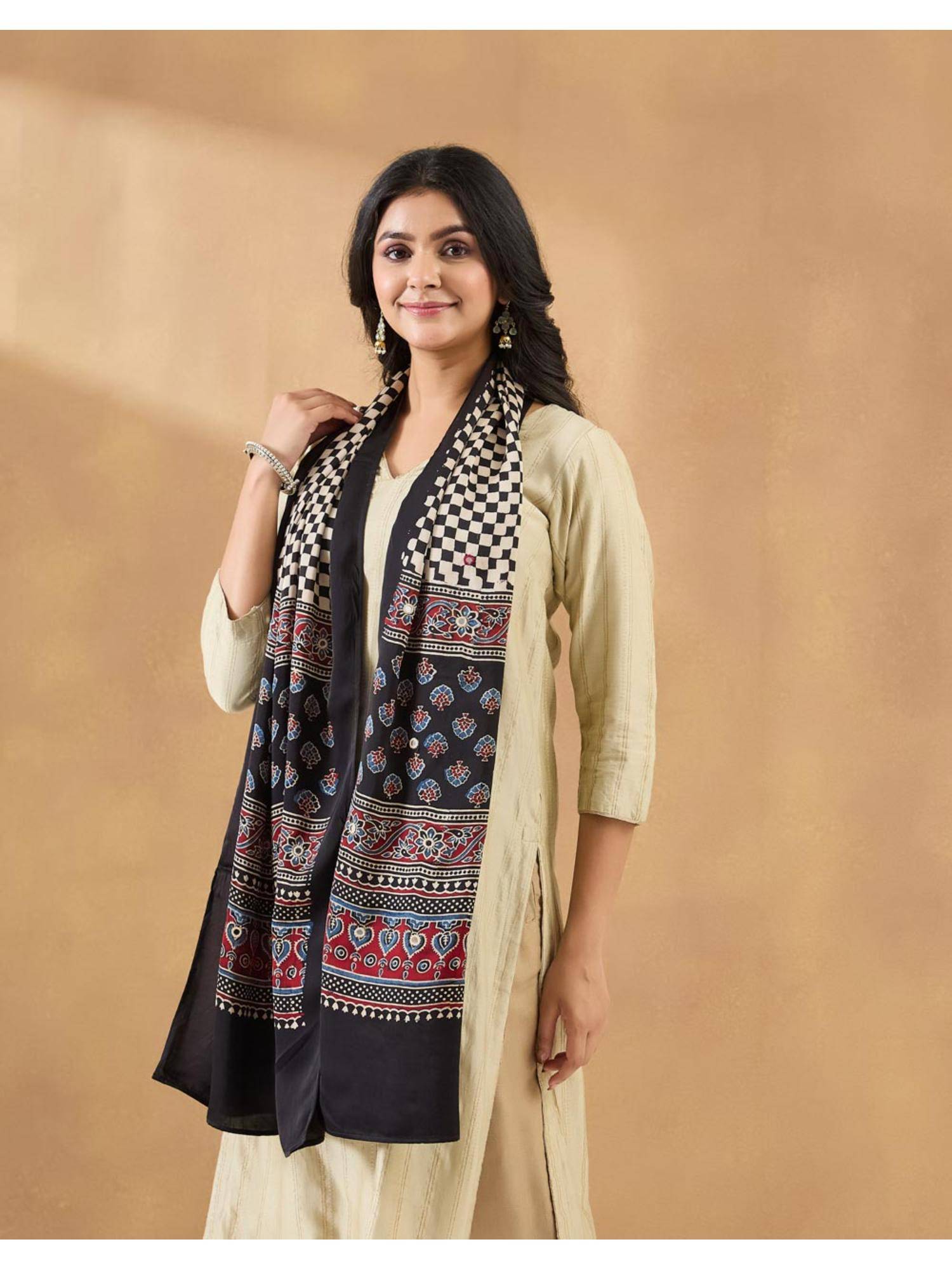 Fabindia Black Viscose Printed Stole