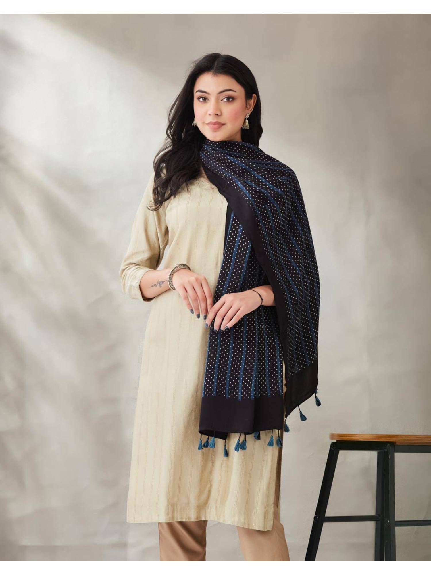 Fabindia Black Viscose Polka Dots Stole