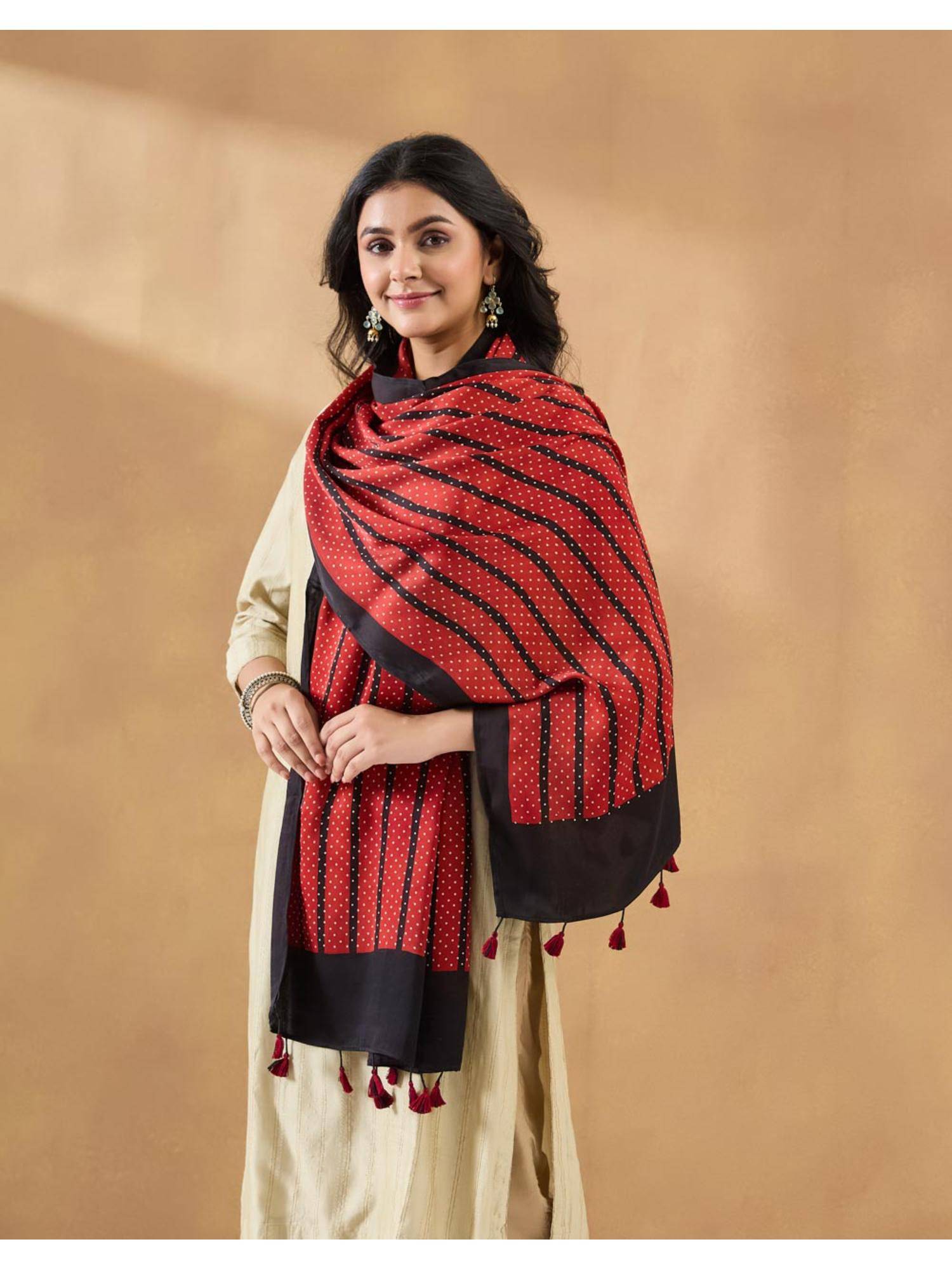 Fabindia Red Viscose Polka Dots Stole