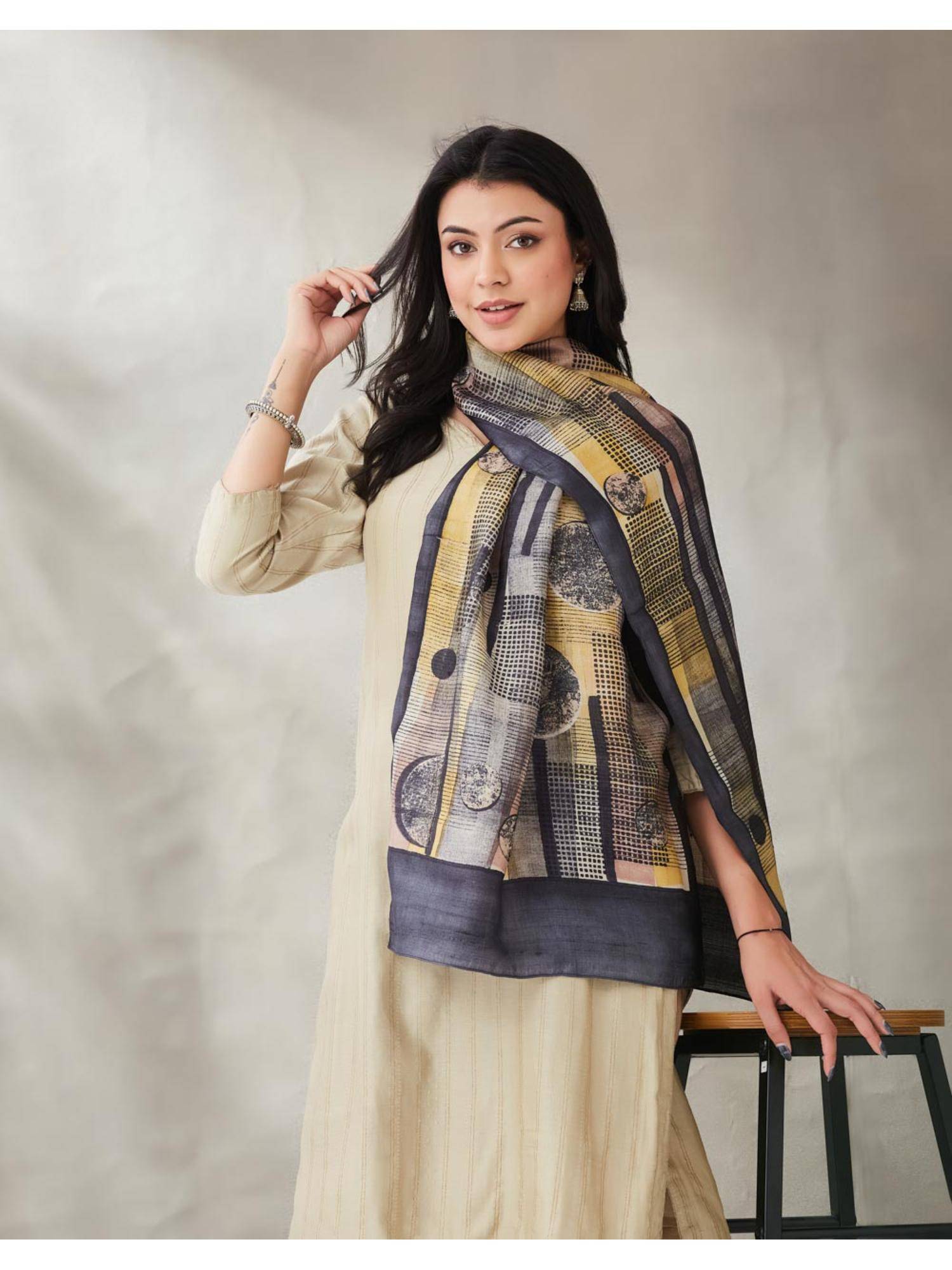 Fabindia Grey Silk Printed Stole