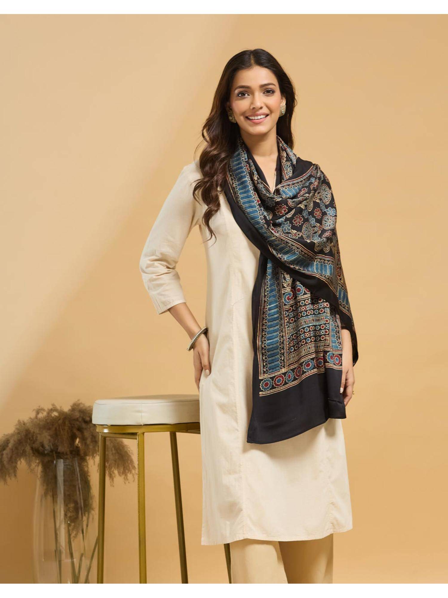 Fabindia Black Viscose Printed Stole