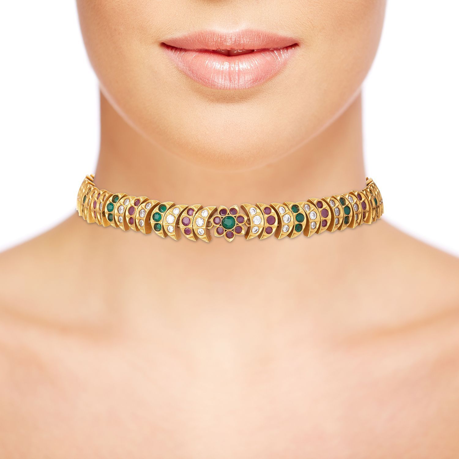 Peora Traditional Matte Gold Plated Choker Style Necklace Earring