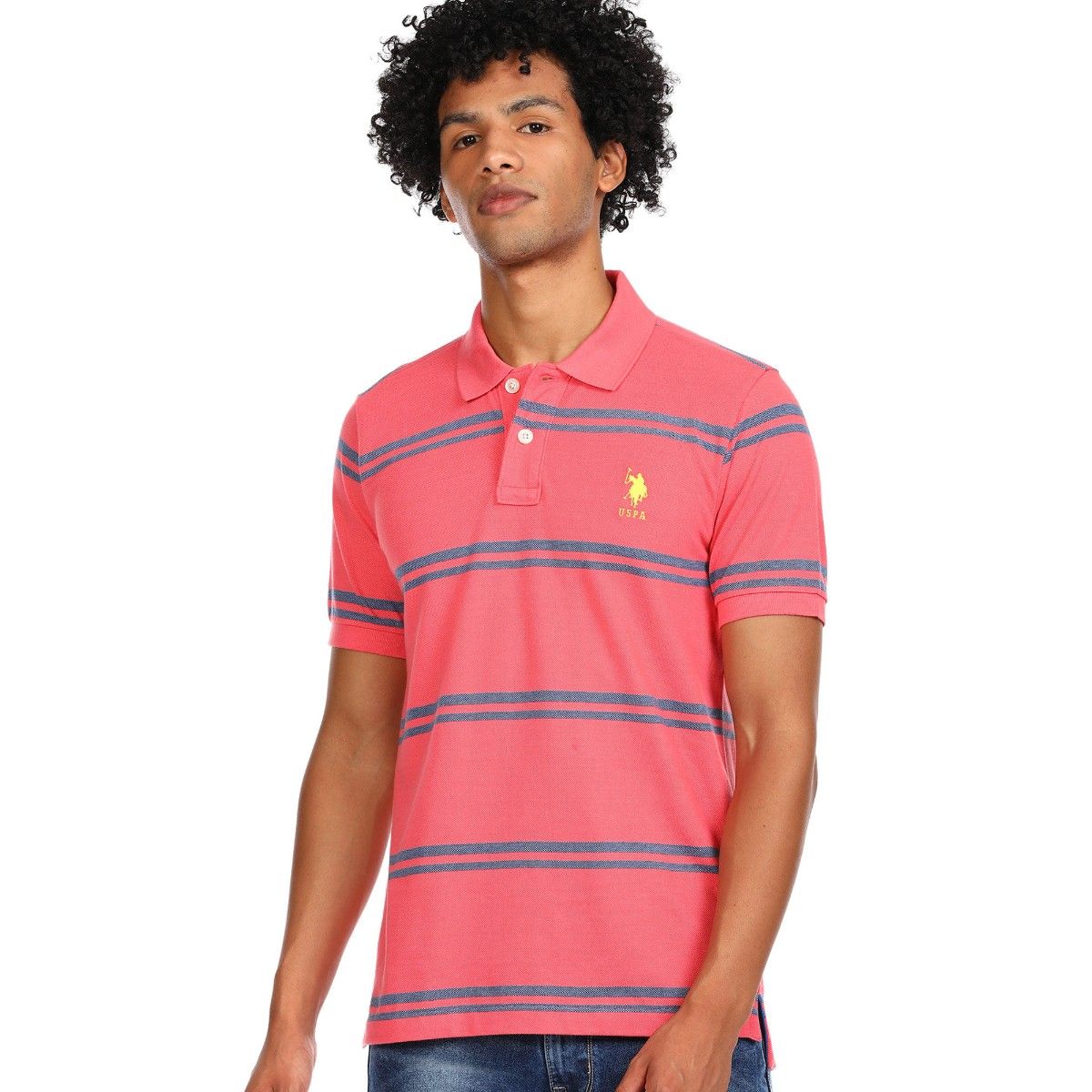 Buy U.S. POLO ASSN. Men Pink Cotton Striped Polo T Shirt Online