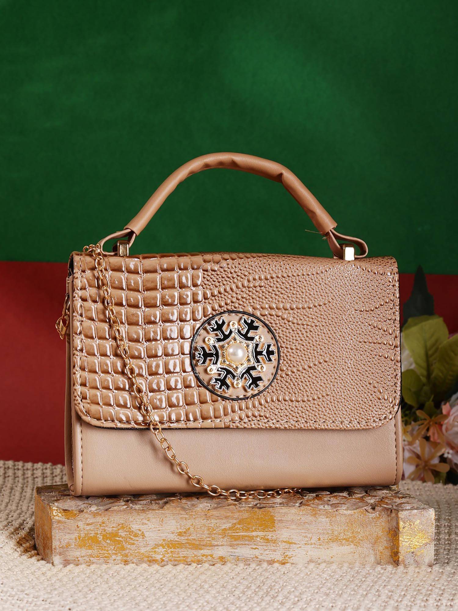 ZEVORA Women Beige Pu Handbag with Detachable Chain