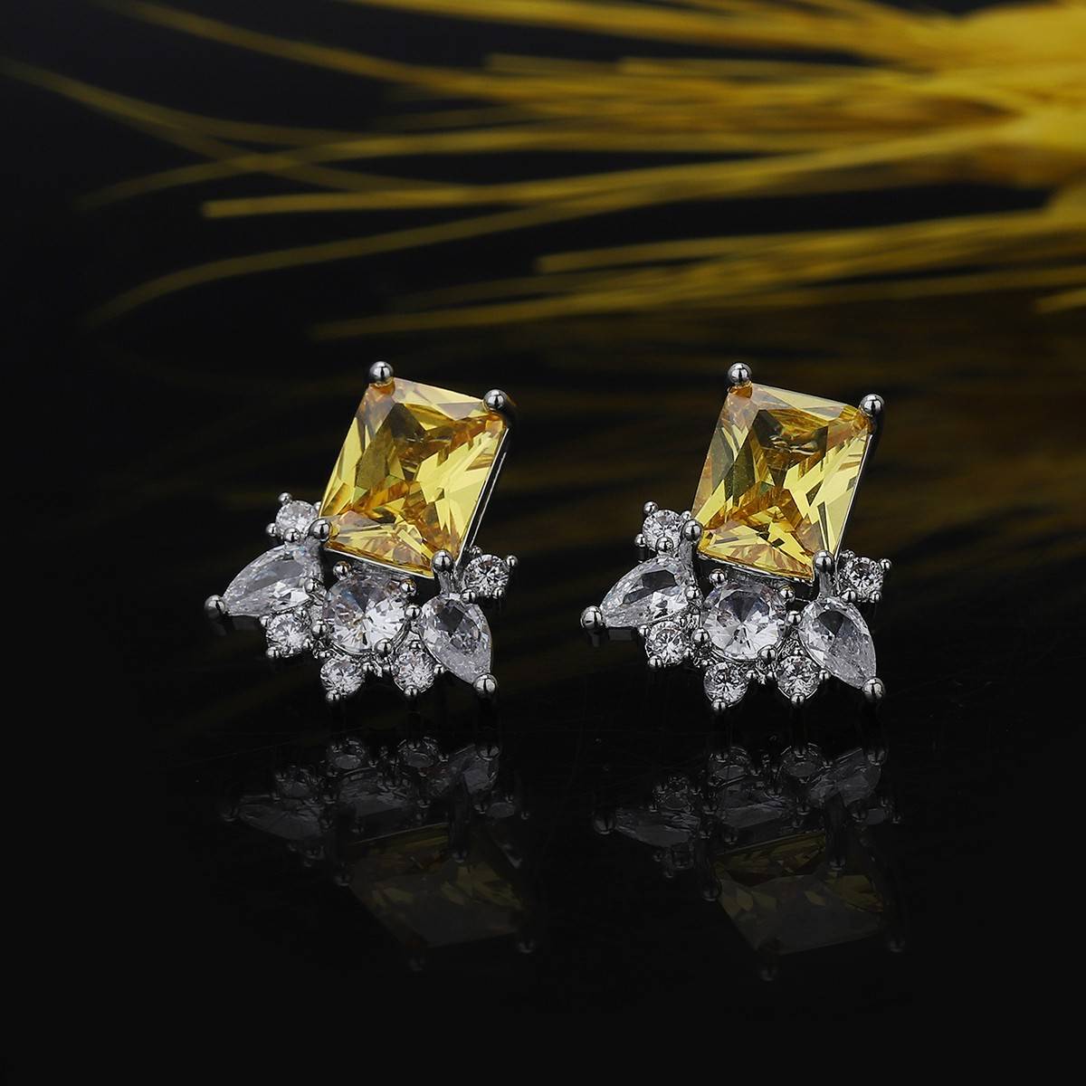 Carlton London Premium Silver & Yellow Toned CZ Studded Rhodium-Plated Stud Earrings
