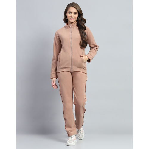 Monte Carlo Womens Brown Solid Mock Neck Full Sleeve Tracksuit (Set of 2)  (S)
