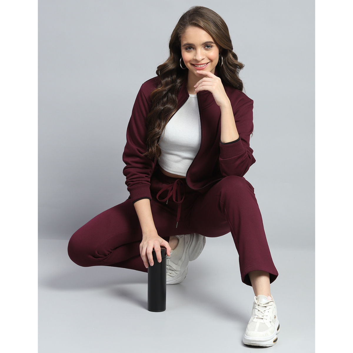 Buy Monte Carlo Womens Wine Solid Mock Neck Full Sleeve Tracksuit Set of 2 Online