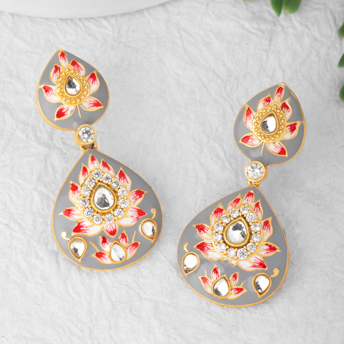 Peora Meenakari Enamel Handmade Gold Plated Kundan Dangle Drop Earrings Jewellery (PF66E87GRY)
