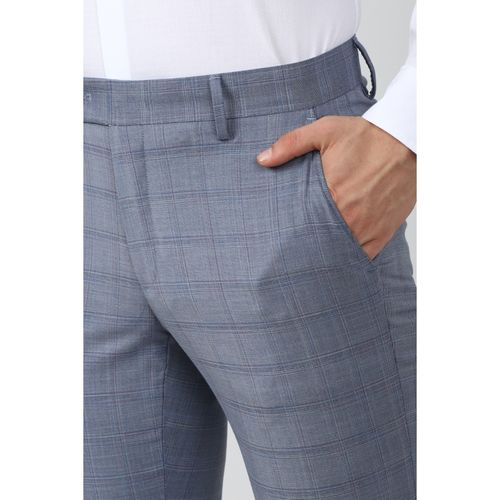 Men Blue Check Slim Fit Formal Trousers