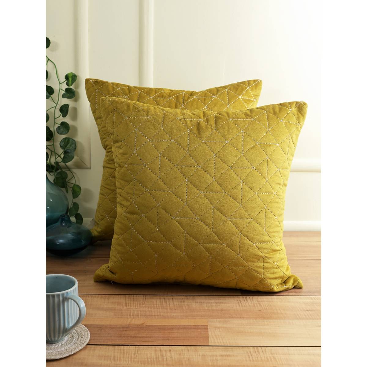 eyda Super Soft Velvet Olive Color Set Of 2 Quilted Cushion Cover-18X18 Inch