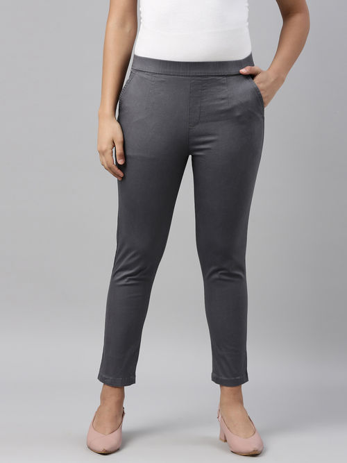 Go Colors Women Silver Mid Rise Cotton Denim Stretch Pants - Grey (XL)