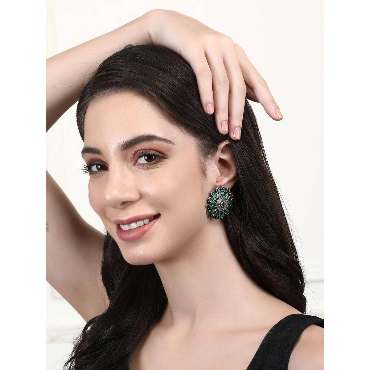 Auraa Trends Classic Oxidised Green Big Stud Earrings For women