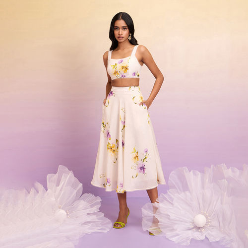 Floral Zip Up Top And Skirt Set Ladies Floral Print Ruffle Crop