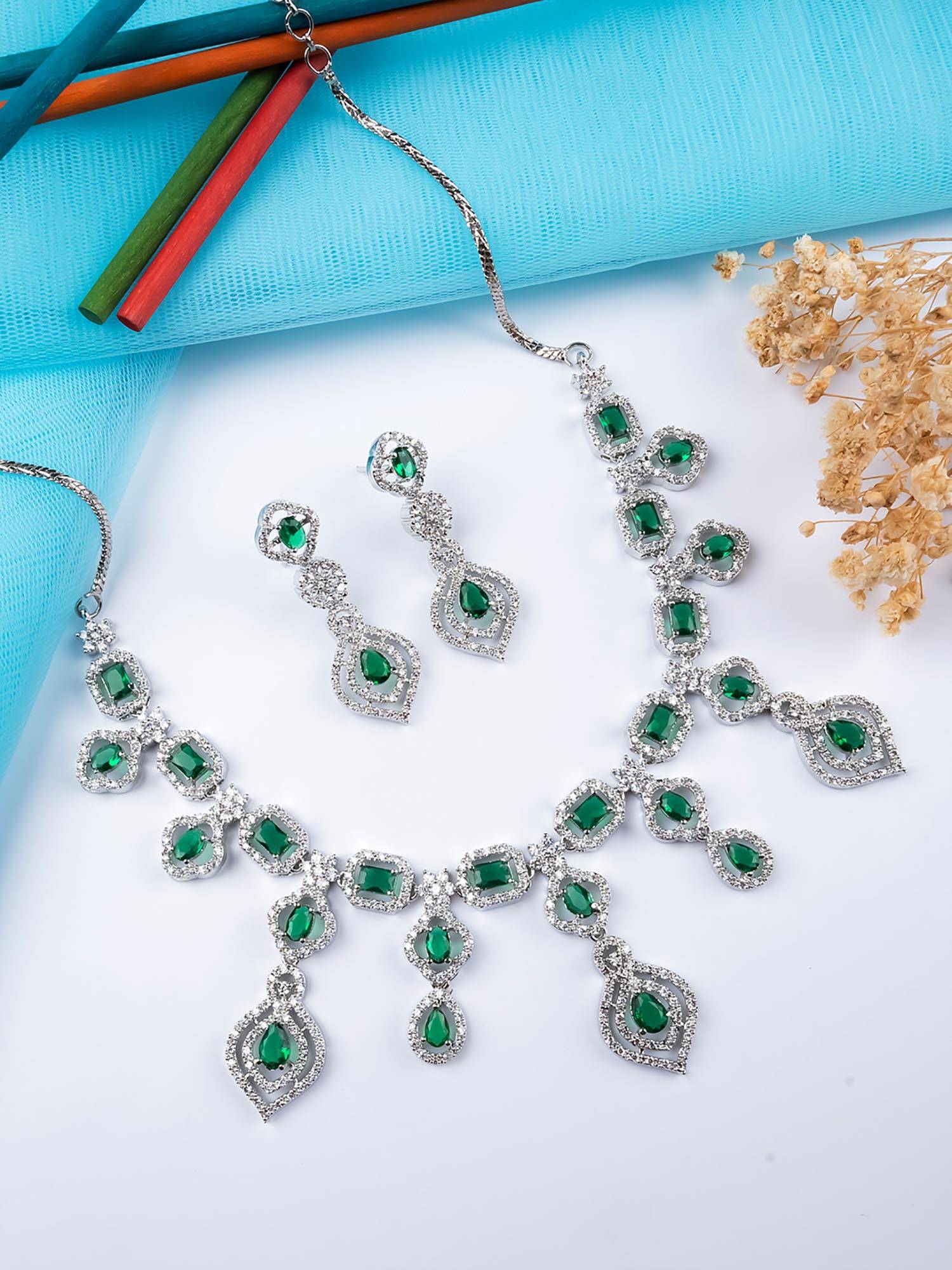 STILEADDA Luxury Look Green American Diamond Necklace Set