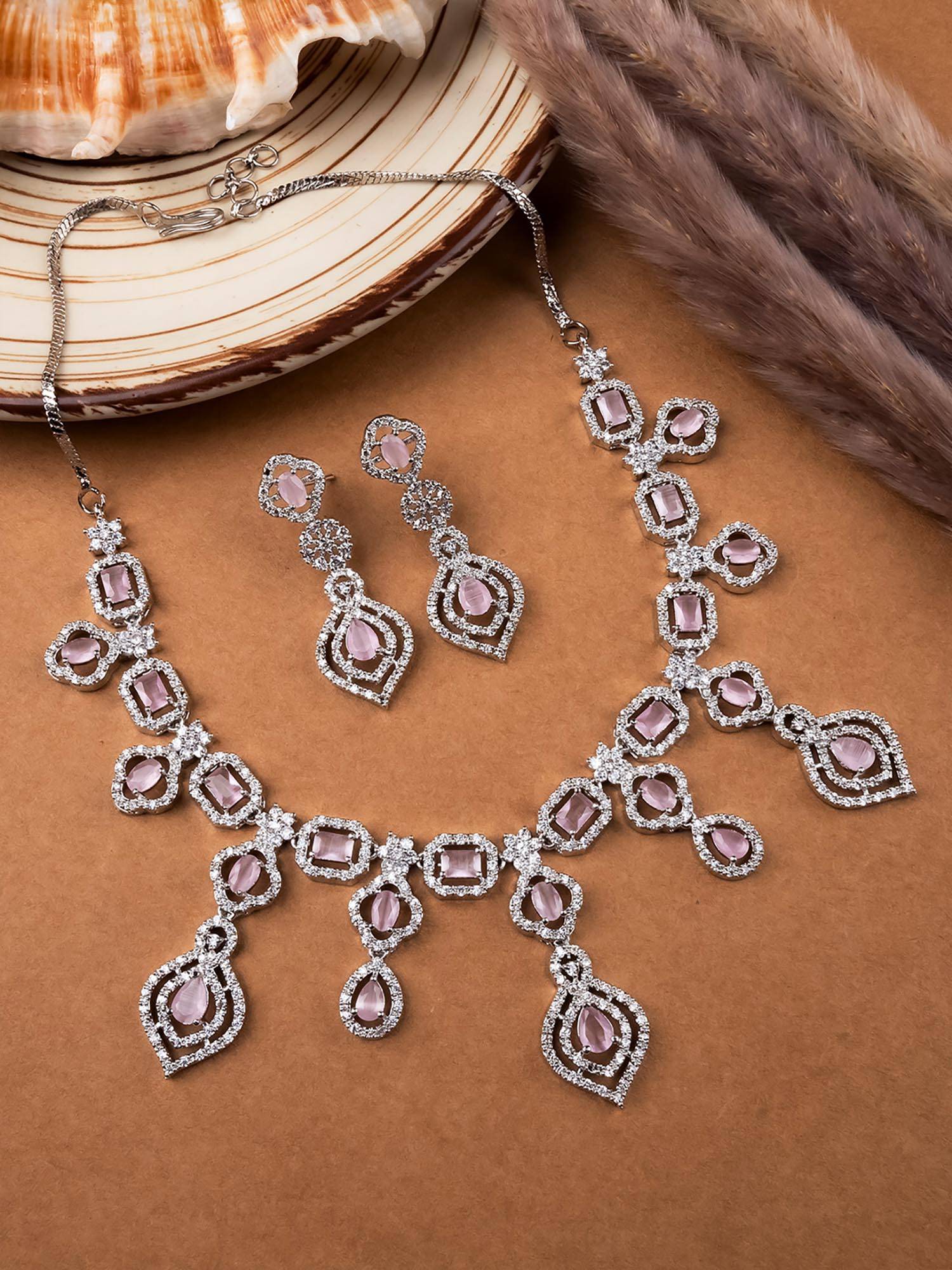STILEADDA Luxury Look Pink American Diamond Necklace Set