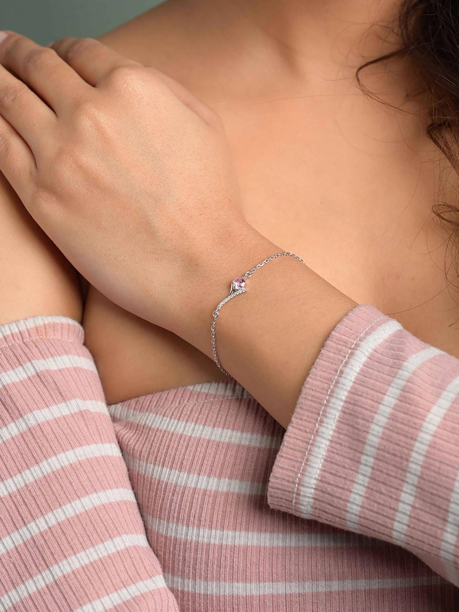 CLARA 925 Silver Platinum Plated Pink Solitaire Bracelet Women