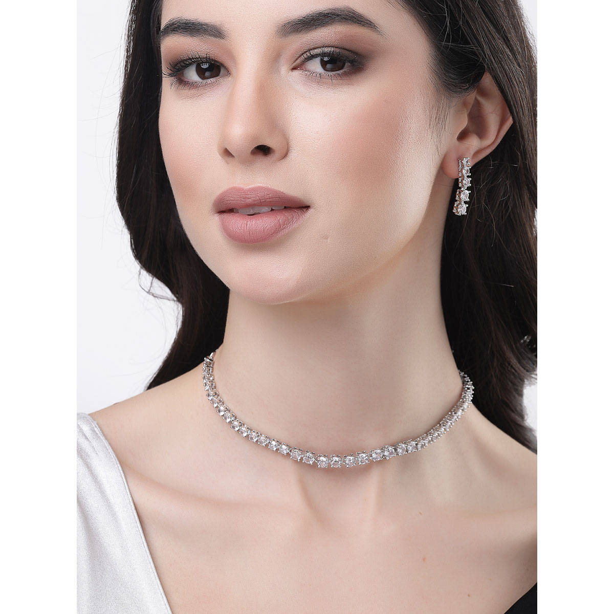 NVR Women Silver Plated Cz Stone Handcrafted Jewellery Set