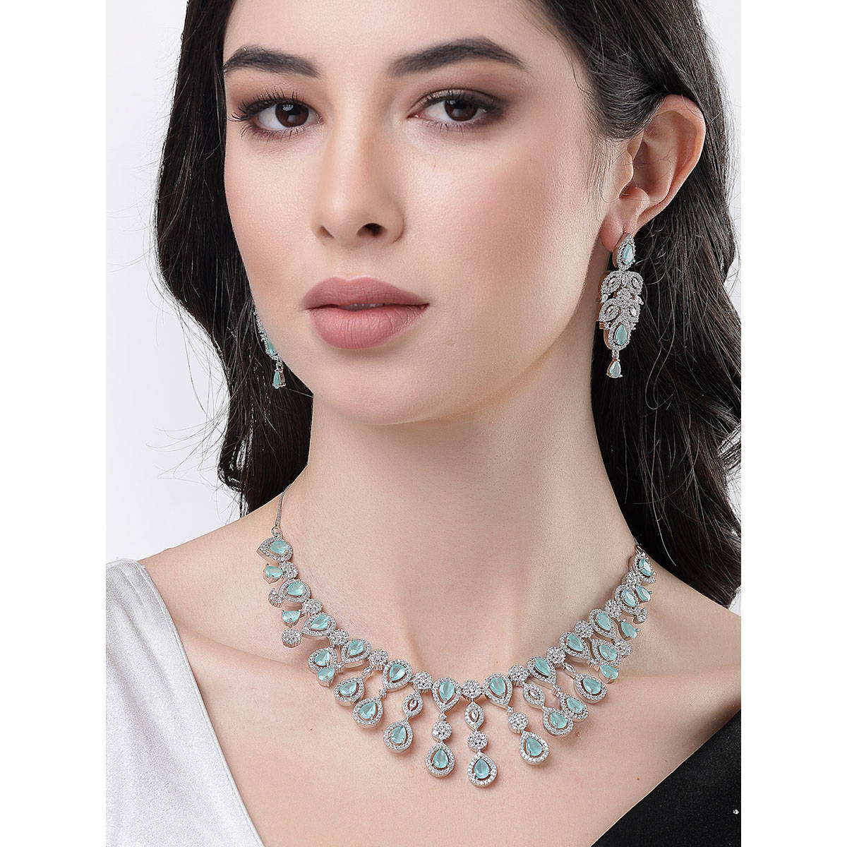 NVR Women Silver Plated Green Cz Stone Handcrafted Jewellery Set