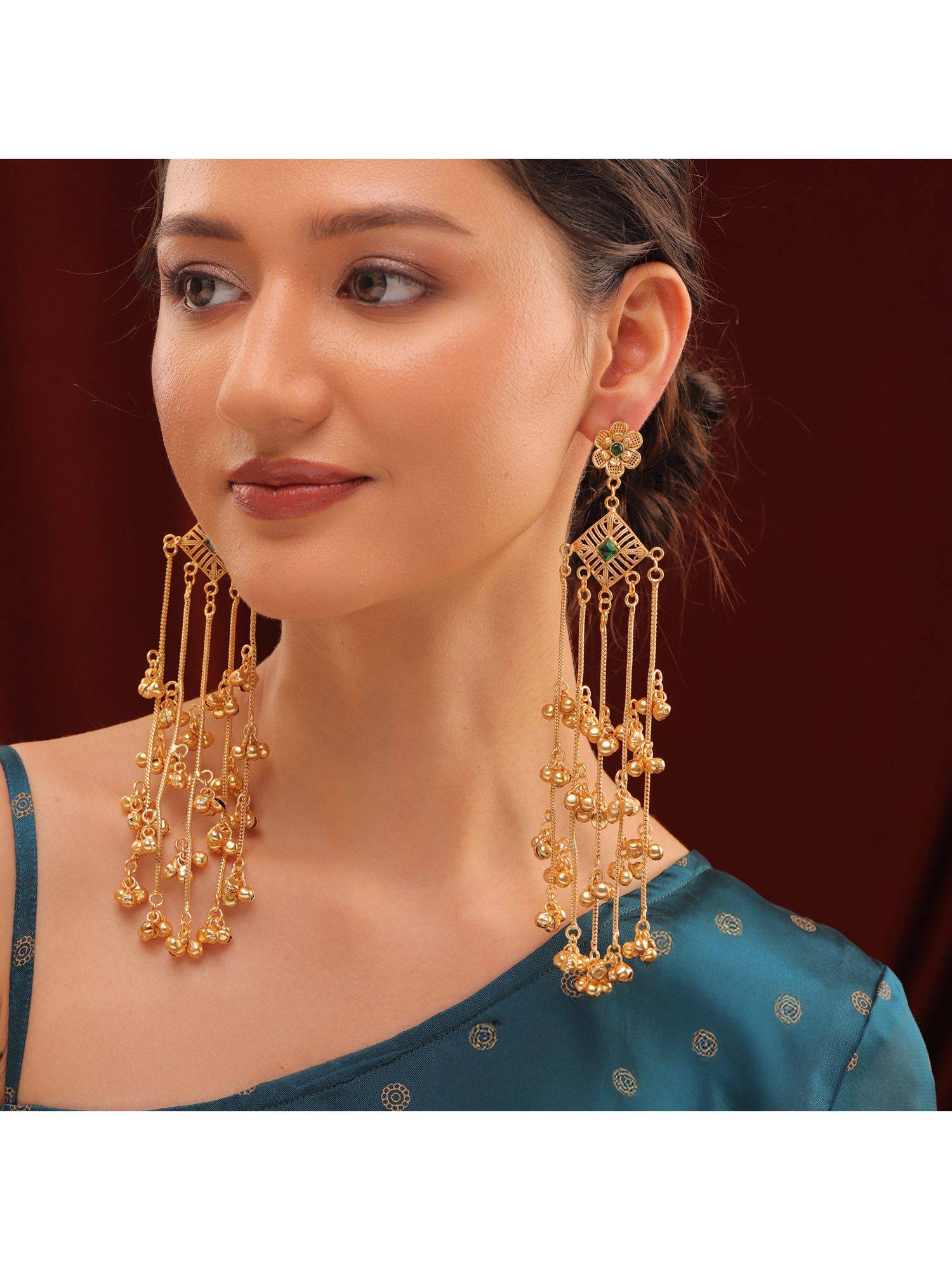 Voylla Green Kashmiri Royal Zehra Long Ghungroo Earrings