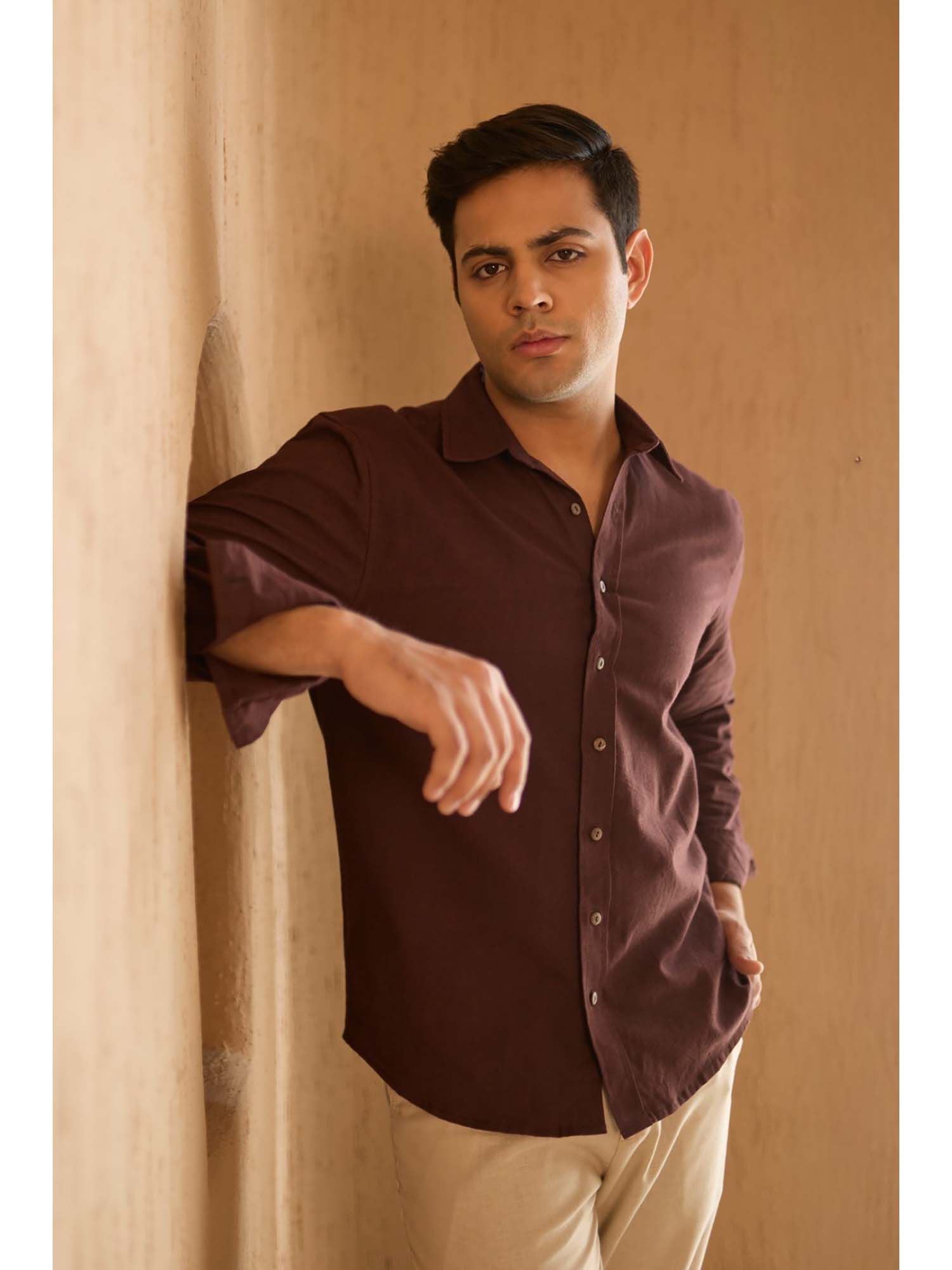 Buy Studio Rabha Oakwood Brown Cotton Linen Shirt Online
