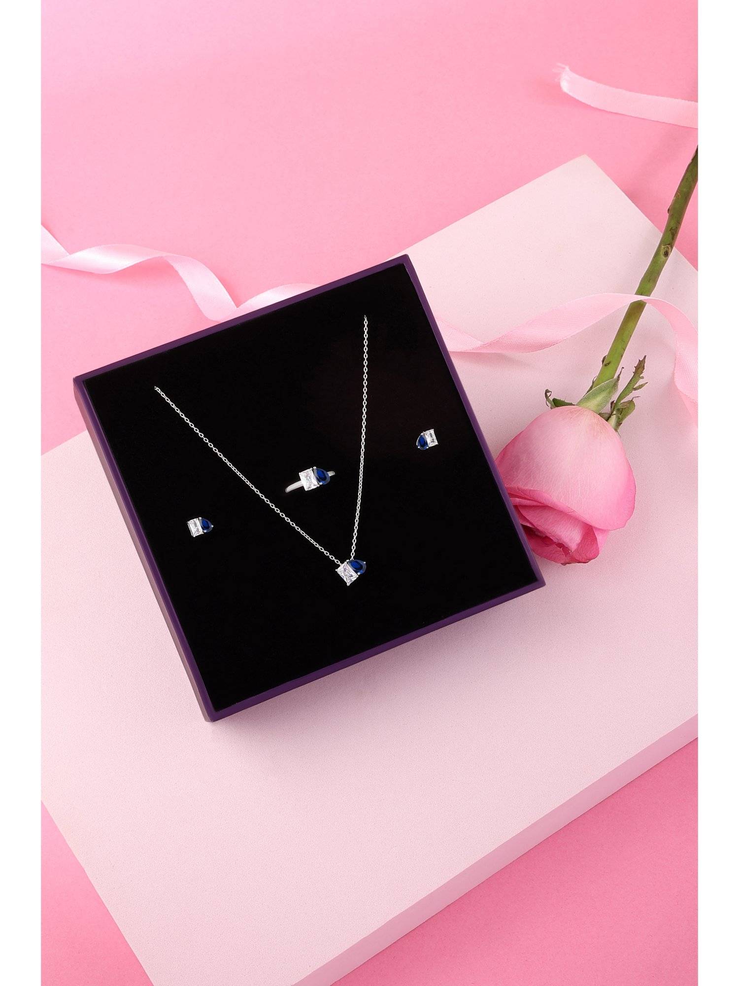 Ornate Jewels 925 Silver Blue Sapphire Toi Et Moi Necklace with Earring & Ring Set for Women & Girls