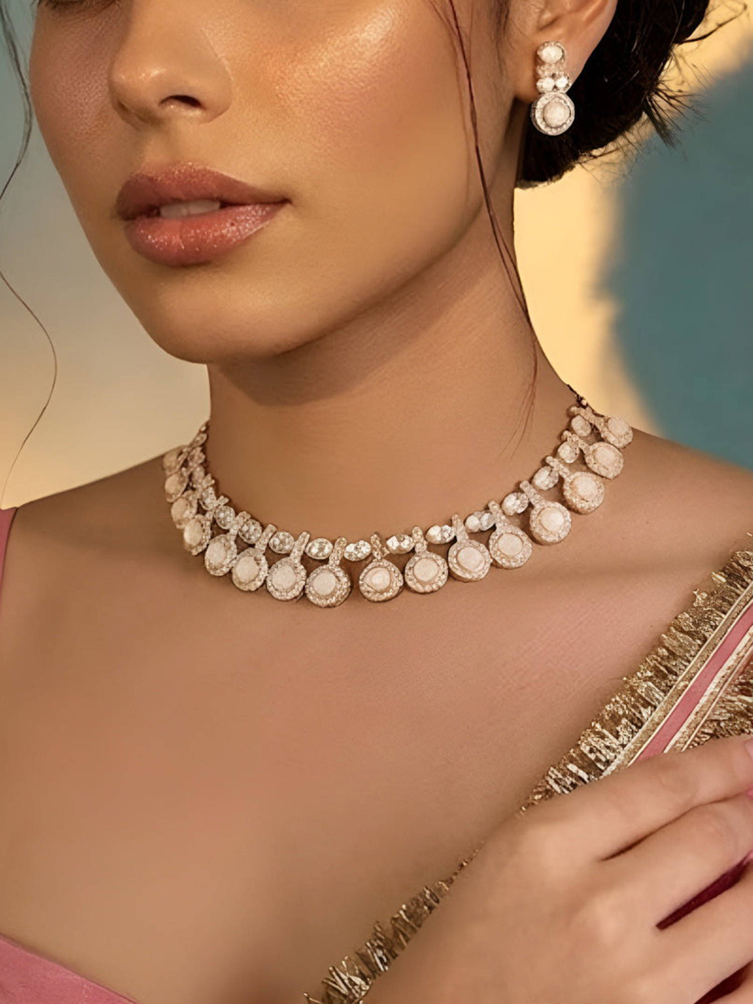 Auraa Trends Elegant Gold-Tone Ivory Stone Statement Necklace With Earrings