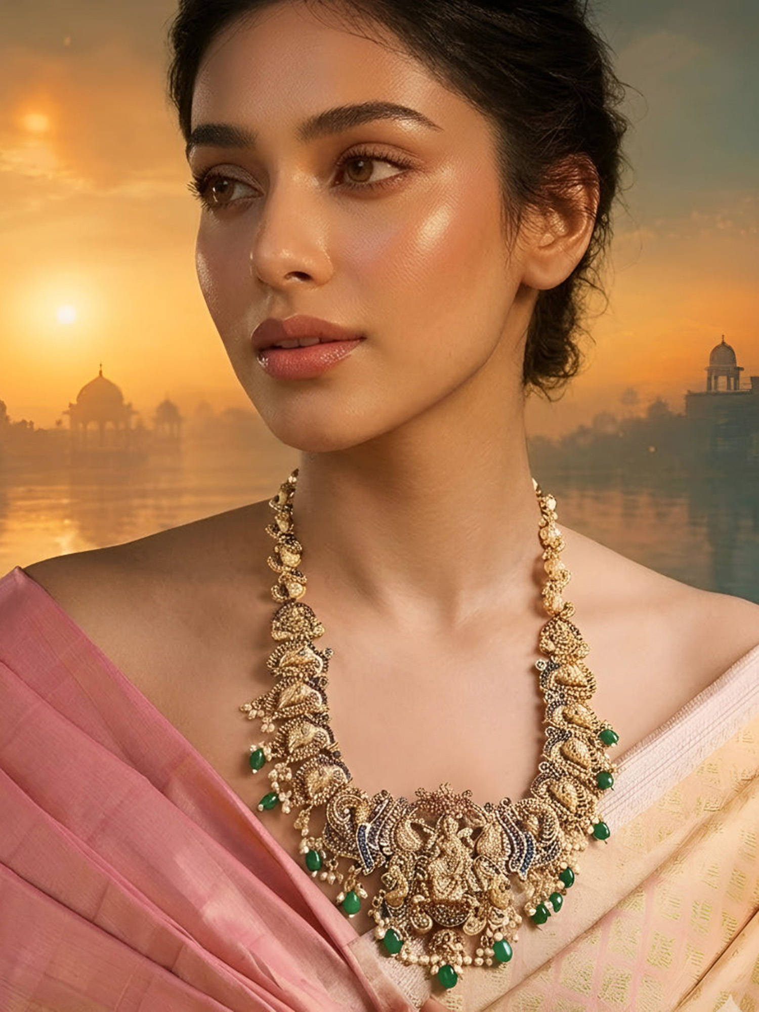 Auraa Trends Antique Gold Lakshmi Temple Green Beads Necklace