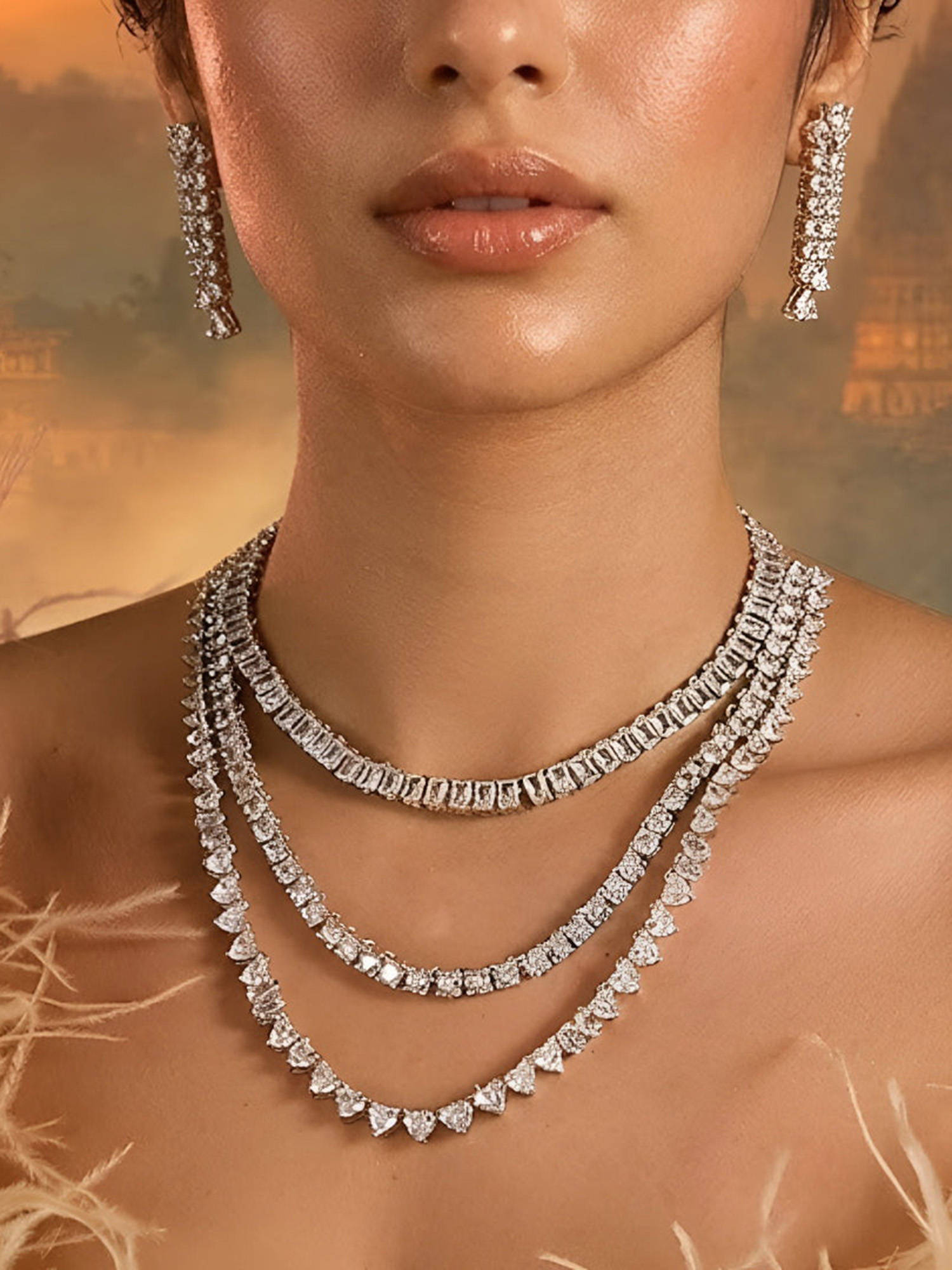 Auraa Trends Luxury Silver-Tone Layered Crystal Necklace And Drop Earrings Set