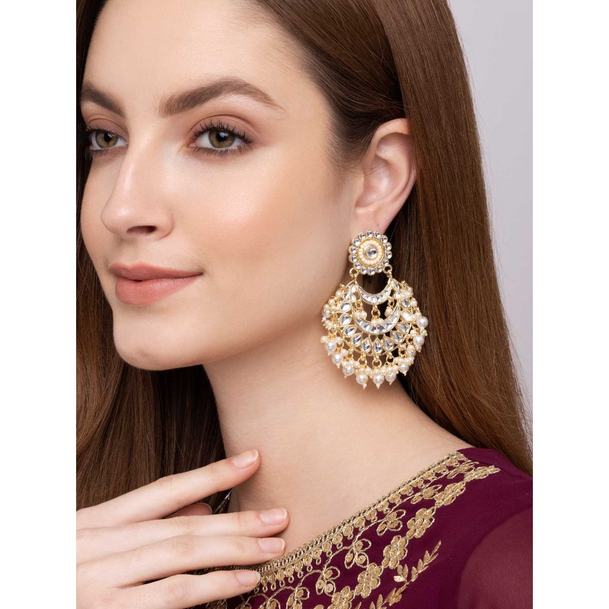 Buy Indya Gold White Crescent Stone Studded Drop Earrings Online