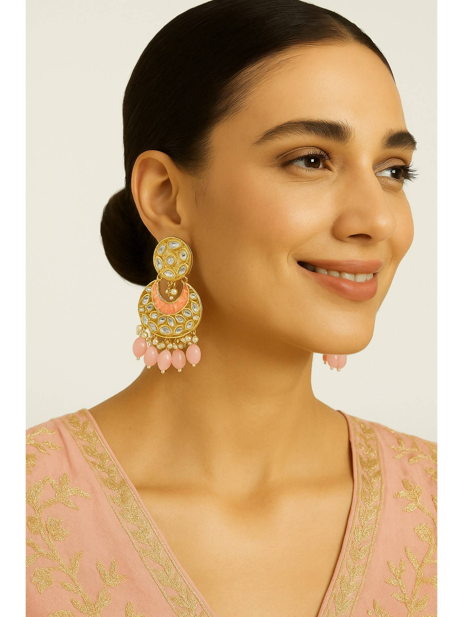 Aatmana Gold Plated Pink Kundan and Beaded Meenakari Chandbali Earrings