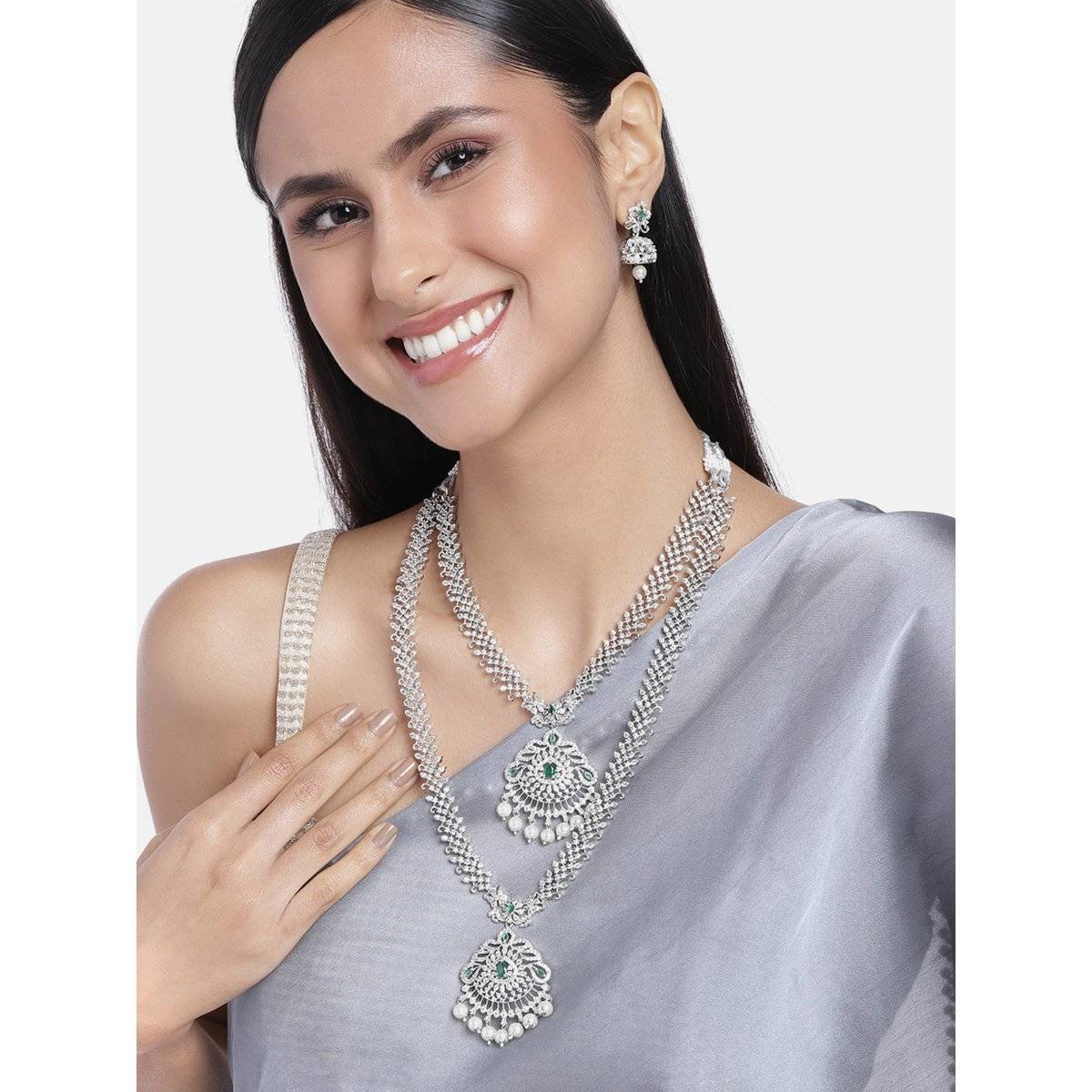 Estele Rhodium Plated CZ Fascinating Designer Bridal Necklace Set Combo for Women