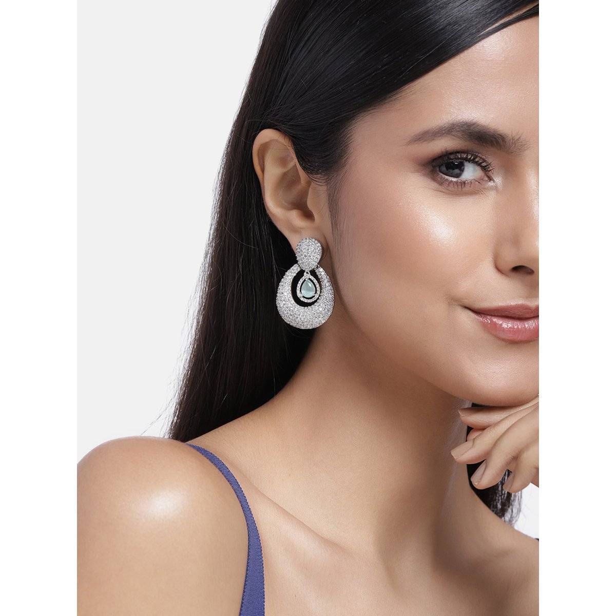 Estele Rhodium Plated CZ Pear Cluster Earring for Women with Mint Green Droplet