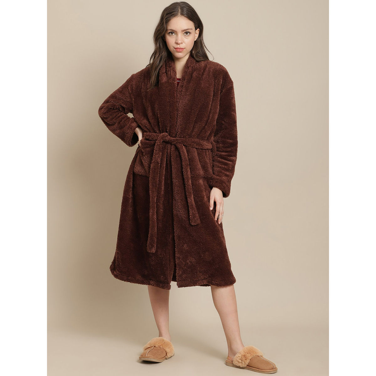 Secret Wish Women Faux Fur Winter Bathrobe Brown: Buy Secret Wish Women ...