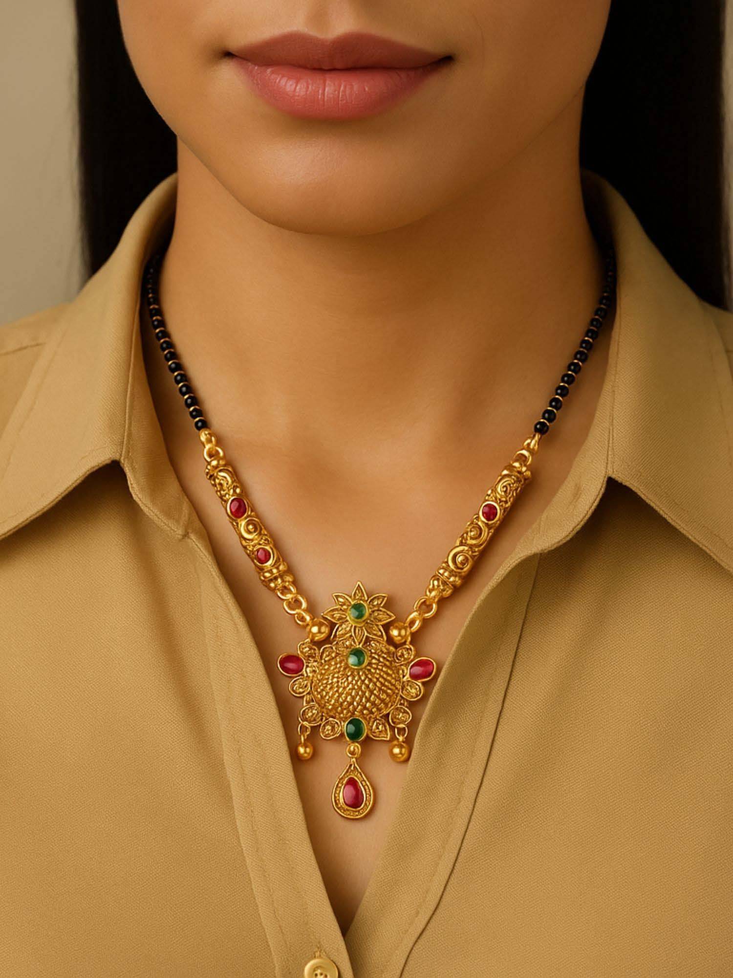 I Jewels Traditional Studded Pendant Bead Chain Mangalsutra with Earrings