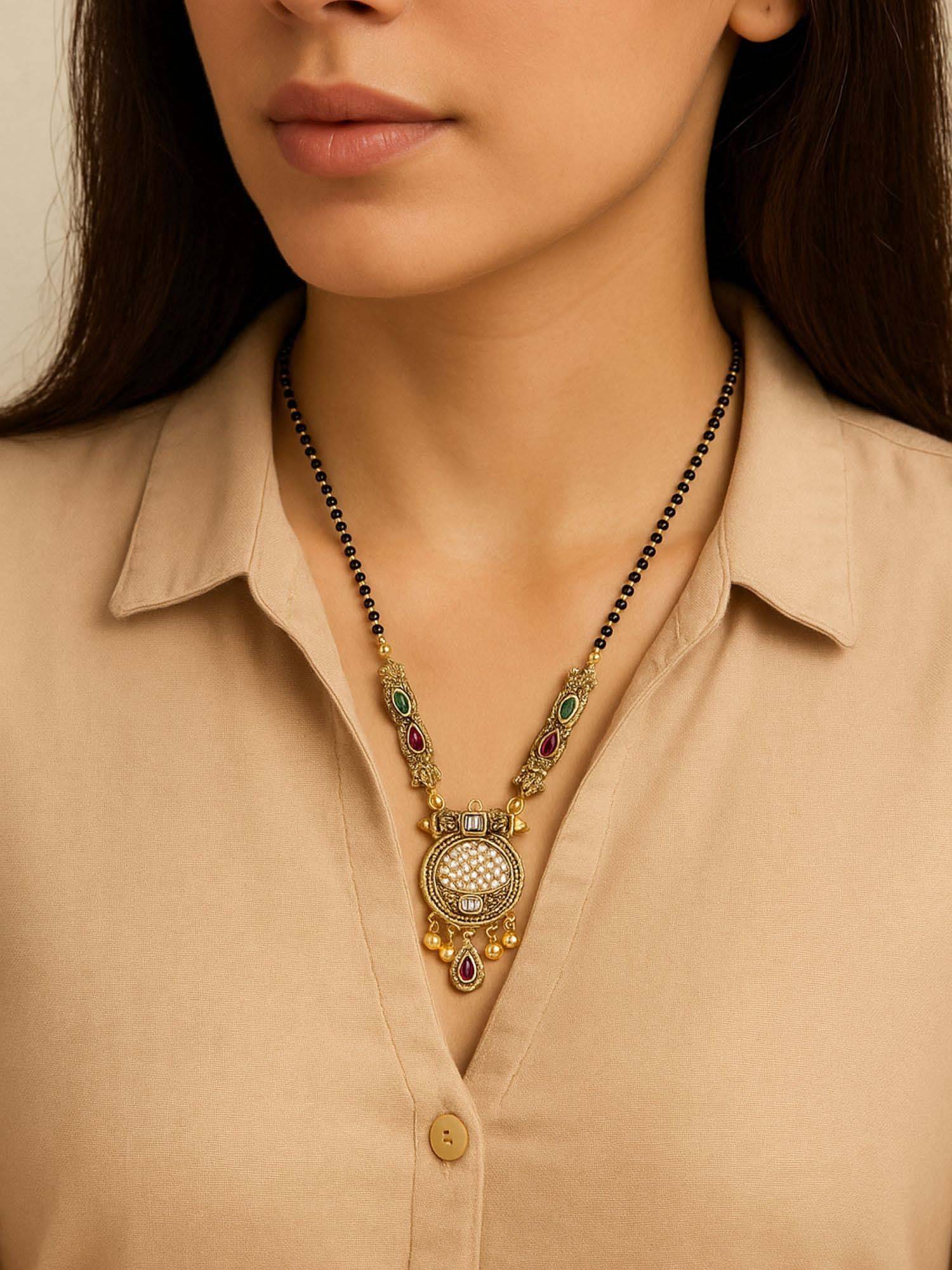 I Jewels Traditional Studded Pendant Bead Chain Mangalsutra with Earrings