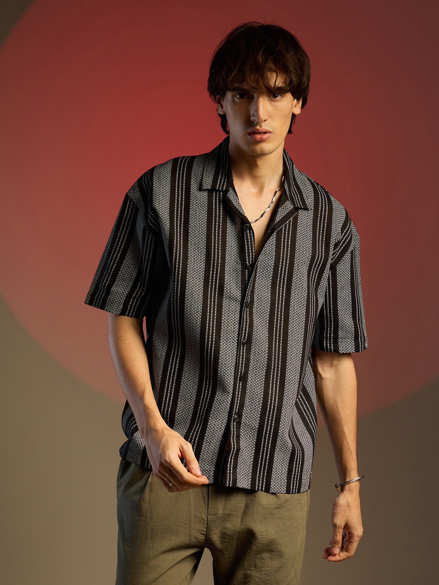 Buy Campus Sutra Men Obsidian Black Woven Striped Oversized Shirt