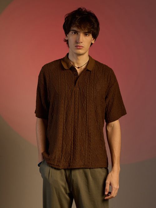 Buy CAHOOT Men Chocolate Brown Argyle Oversized Polo T-Shirt Online