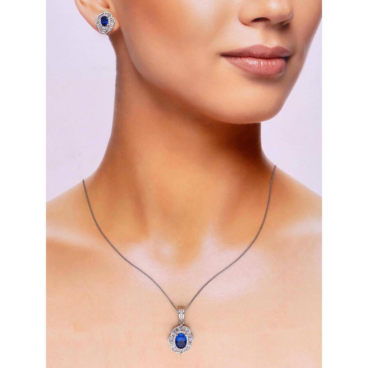 Kai Jewel Sterling Blooming Blue Pave Necklace With Earrings Set